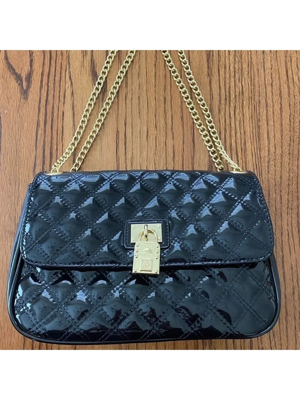 Anne Klein Black Quilted Patent Shoulder Bag Gold Tone Hardware